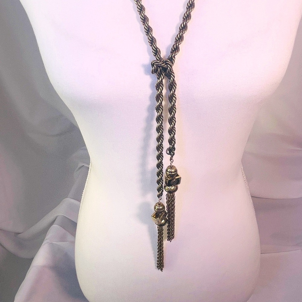 Chicos Twisted Rope Lariat Tassel Necklace Long Antique Gold Tone Opera Length - Picture 6 of 16
